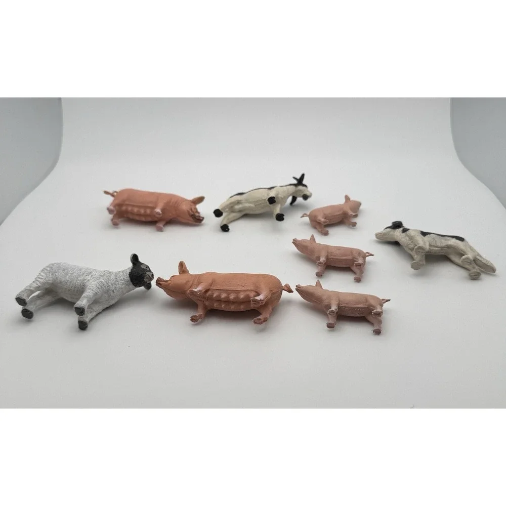1989 Funrise ~ 8 Farm Animals Figurines Pig Sow Piglets Dog Goat Sheep Lamb Vtg